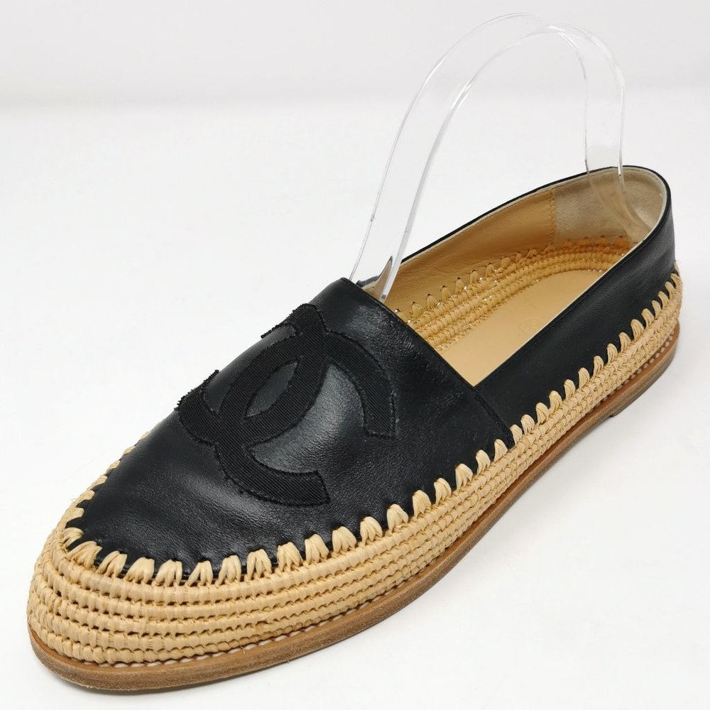 CHANEL Raffia Black Leather Espadrilles